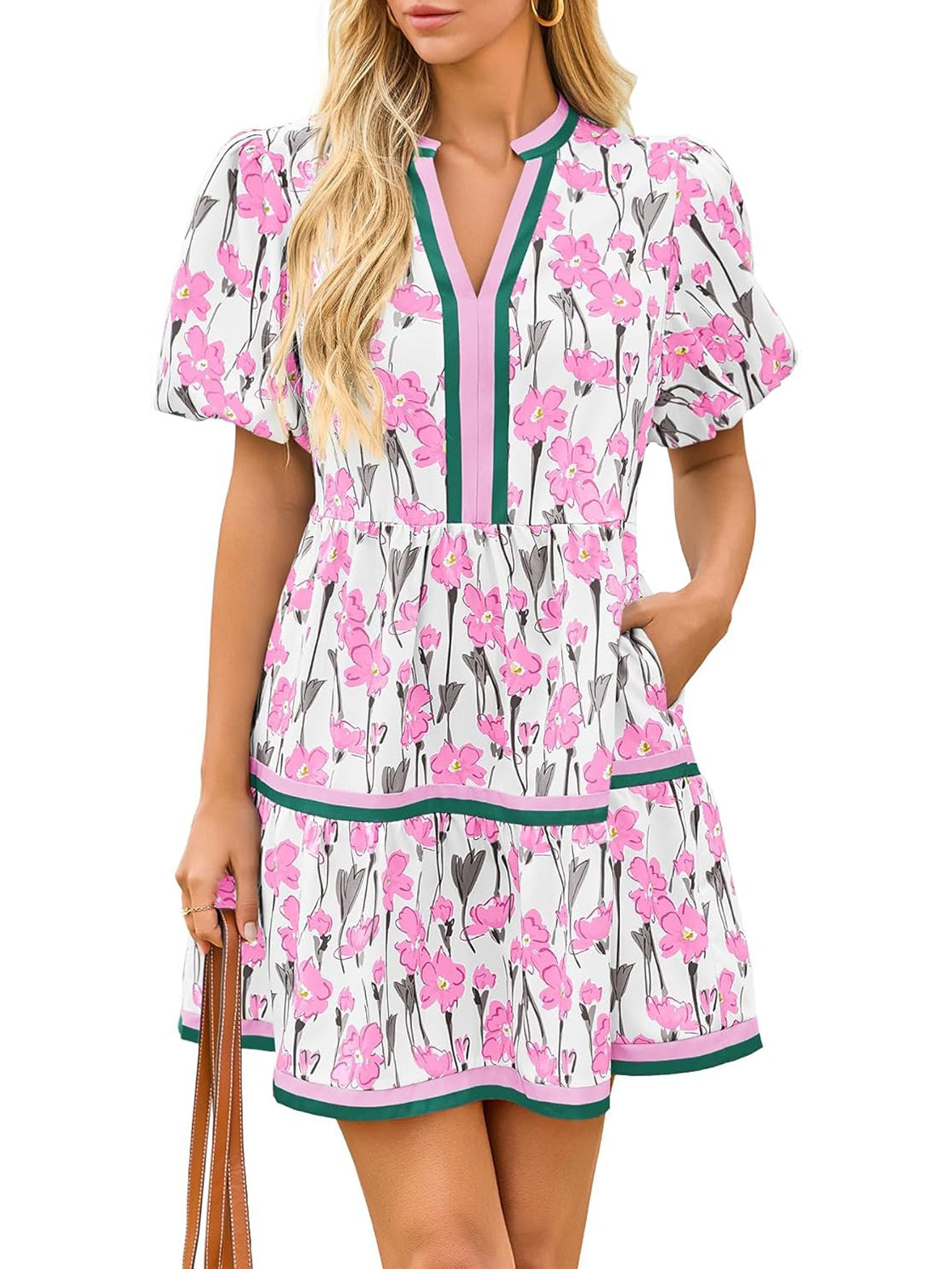 Damesjurk met V-hals en bloemenprint, korte pofmouwen, boho-stijl