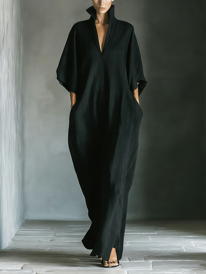 Costanza | Zwarte maxi-jurk met kimono-mouwen en V-hals