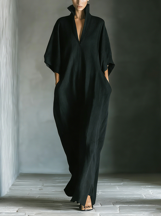 Costanza | Zwarte maxi-jurk met kimono-mouwen en V-hals
