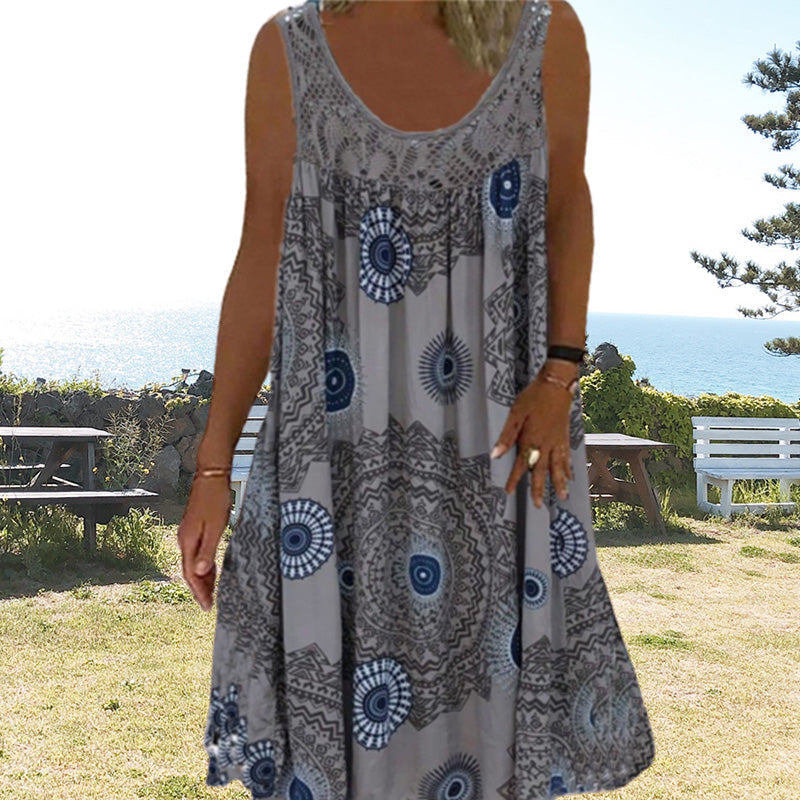 Breezia™ – Zomerse Mouwloze Jurk met Print en Kantdetails voor Dames