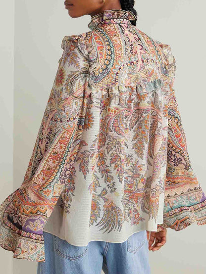 Exquise Vintage Paisley Print Ruffled Shirt