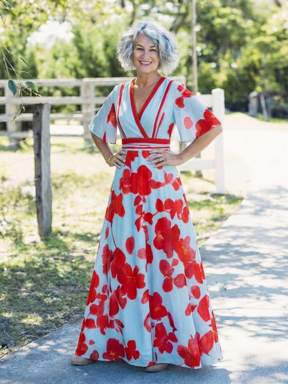 Corinne | Bloemenjurk met korte mouwen en V-hals