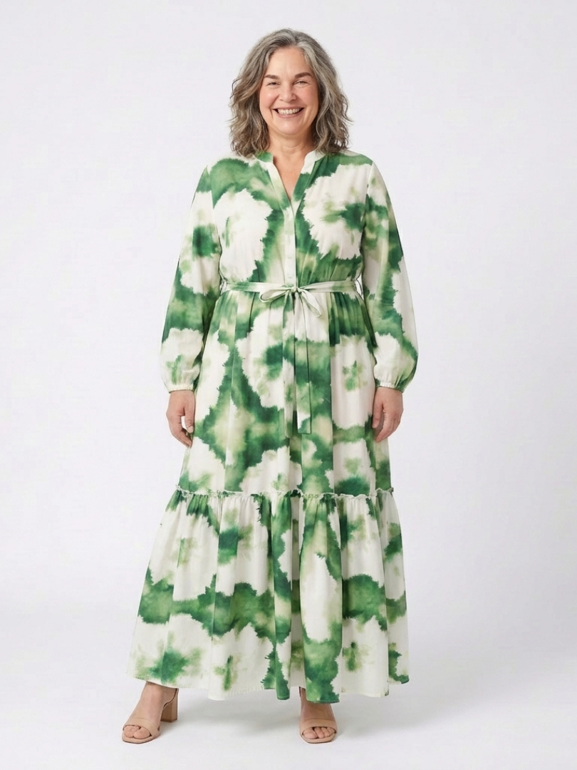 Sabine | Maxi-jurk met lange mouwen en tailleknopen