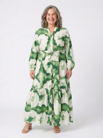 Sabine | Maxi-jurk met lange mouwen en tailleknopen