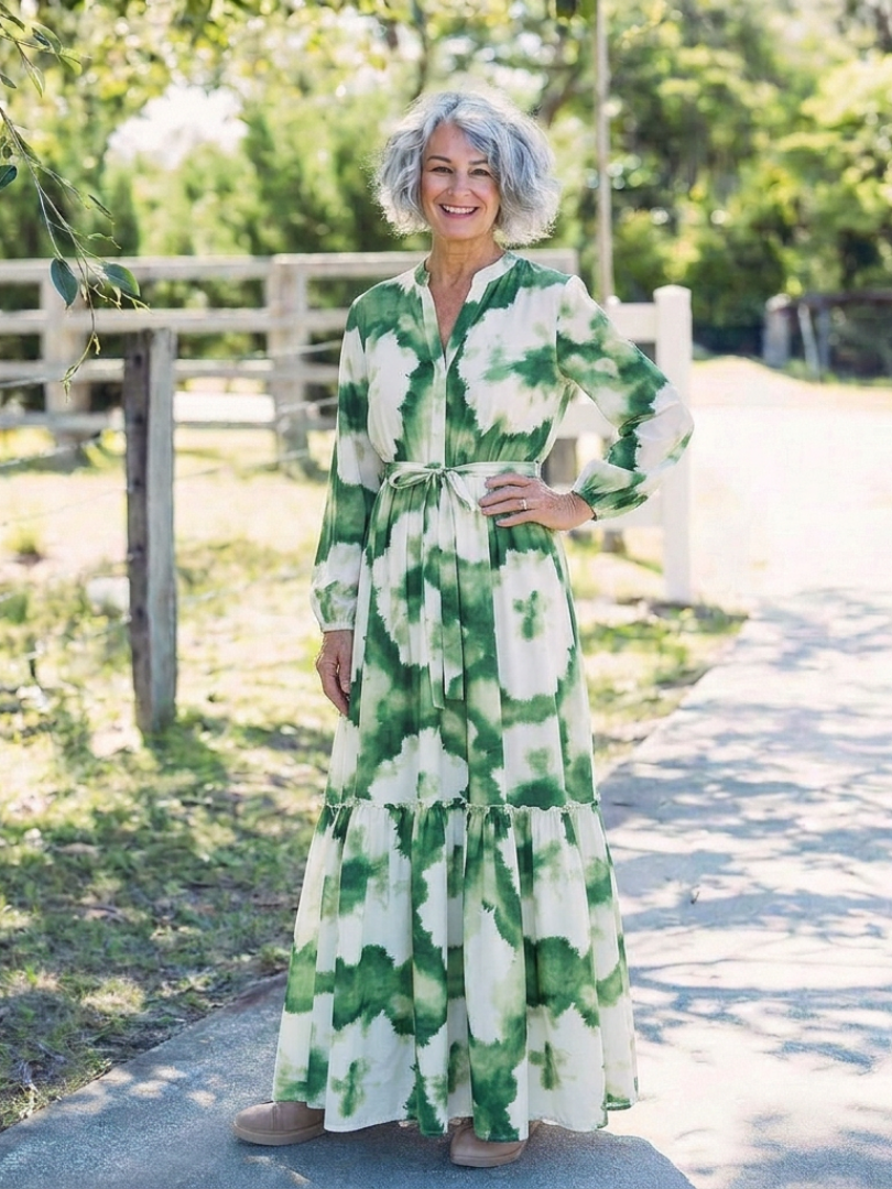 Sabine | Maxi-jurk met lange mouwen en tailleknopen