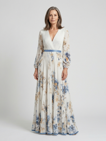 Lavinia | Maxijurk met lange mouwen en V-hals met bloemenpatroon