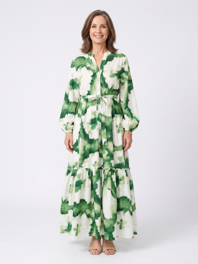 Sabine | Maxi-jurk met lange mouwen en tailleknopen