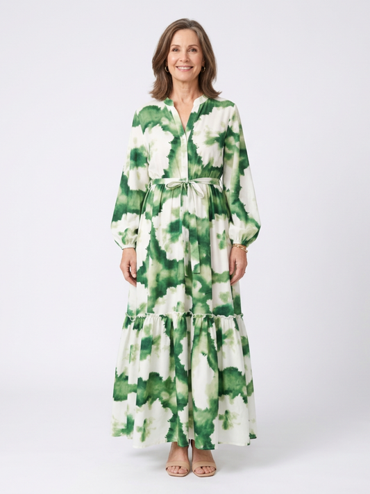 Sabine | Maxi-jurk met lange mouwen en tailleknopen
