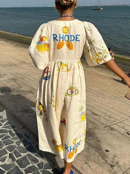 Unieke Vakantie Folk Bloemen Print Puff Sleeve Midi Jurk