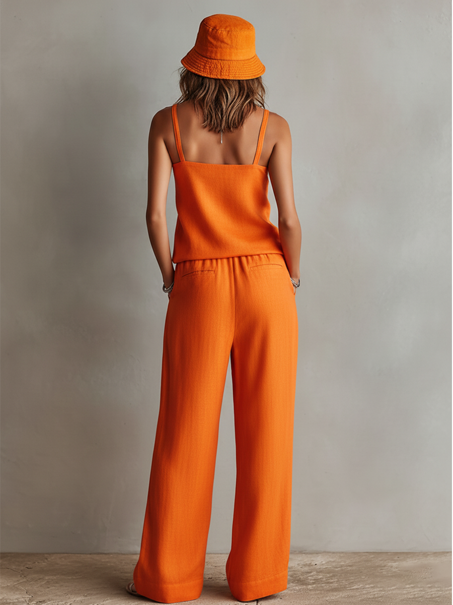 Vrouwen Oranje Linnen Twee-Delige Set Met Vierkante Hals Cami Top & Trousers Met Strik Taille, Tijdloze Boho-Resort Stijl Set MDZ0825D5I