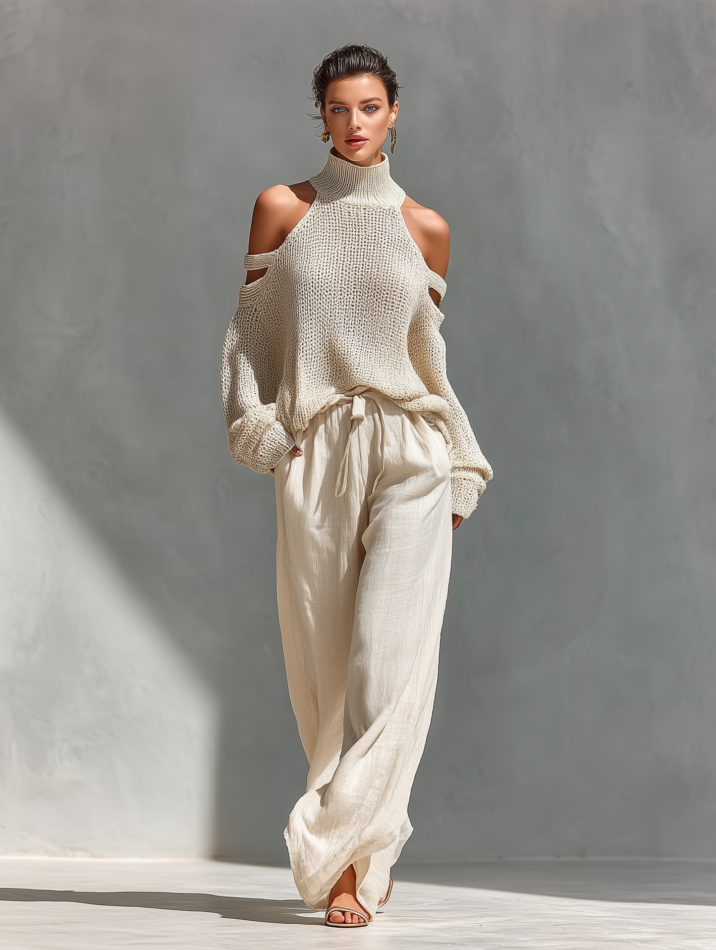 Dames Beige Gebreide Katoen Koud-Schouder Turtleneck Top & Brede Pantalon Set MDZ0984A5T