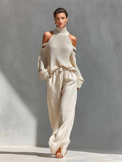 Dames Beige Gebreide Katoen Koud-Schouder Turtleneck Top & Brede Pantalon Set MDZ0984A5T