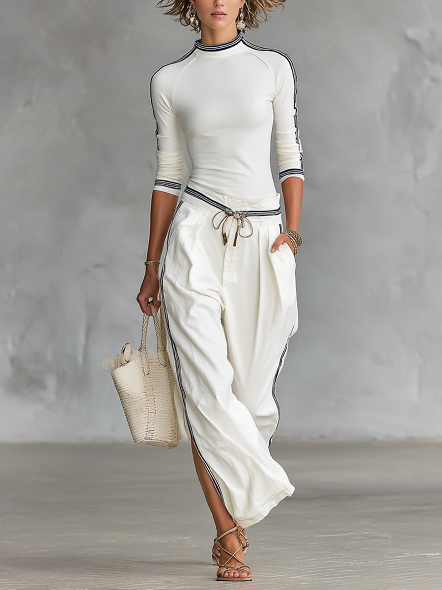Dames Sport Half-high-neck Lange Mouwen T-shirt Met Touwtjes Wijd-Pantalon Twee-delige Set MDA2569G9Y