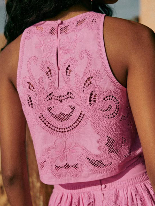Unieke Mouwloze Hollow Lace Crop Top