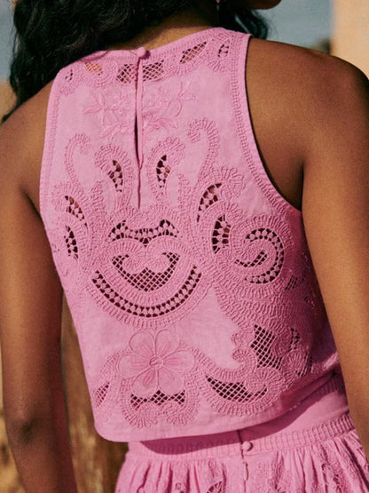 Unieke Mouwloze Hollow Lace Crop Top