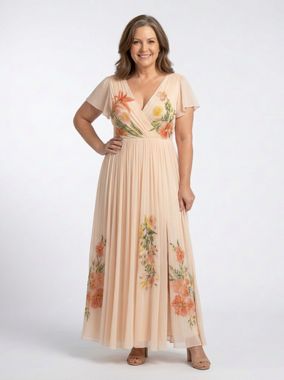 Calista | Maxi Jurk met V-hals en Korte Mouwen