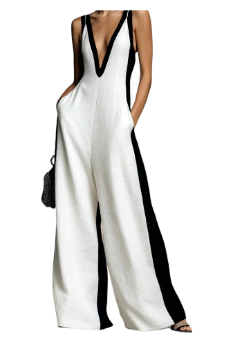 Emma | Zwart & Wit Contrast Stripe Mouwloze Jumpsuit