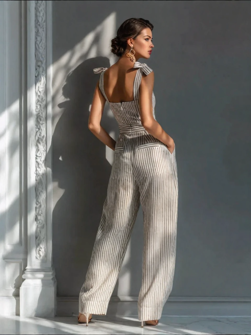Mona | Beige Gestreepte Linnenmix Tie-Schouder Wijde Jumpsuit