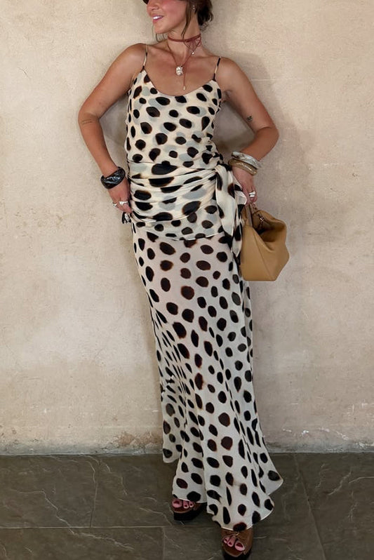 Ozias Leopard Polka Dot Patroon Scoop Neck Verwijderbare Sjaal Detail Slip Maxi Jurk