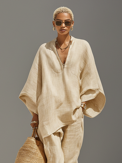 Dames Neutraal Linnen Set Met Asymmetrische Zoom & Minimalistisch Ontwerp, Verfijnde Dagelijkse Casual Stijl Set MDZ0501B3I
