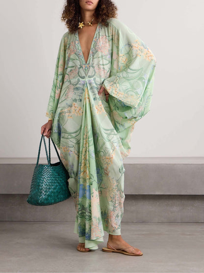 Unieke Bloemenprint V-Hals Oversized Midi Jurk