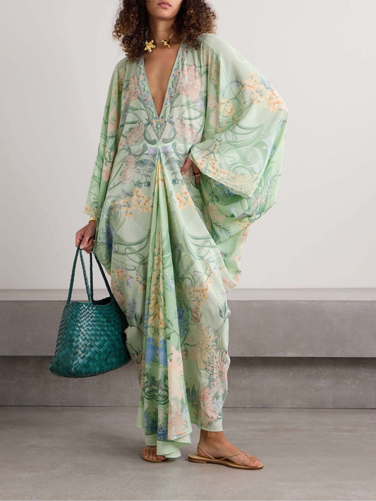 Unieke Bloemenprint V-Hals Oversized Midi Jurk