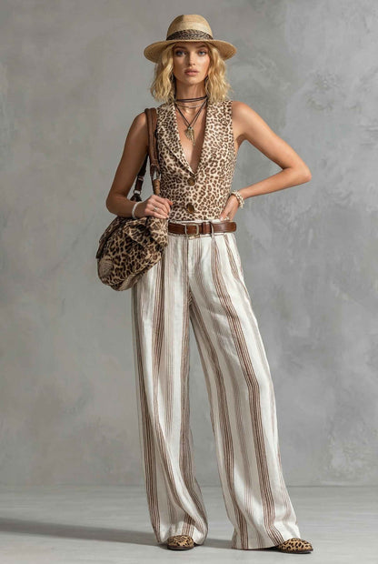 Luipaardprint Vest en Gestreepte Wijde Broek Set