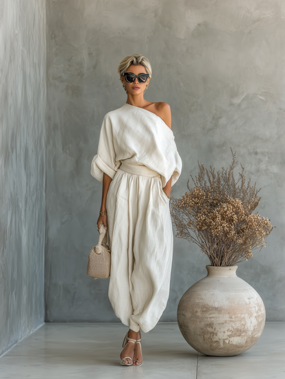 Lisa | Zachte Off-Shoulder Top en Tapered Broek Set