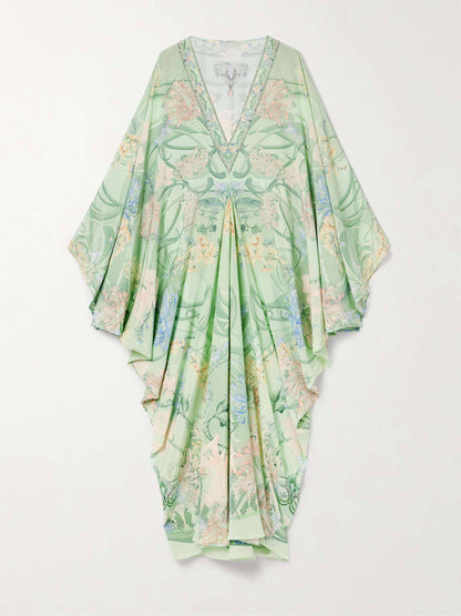 Unieke Bloemenprint V-Hals Oversized Midi Jurk