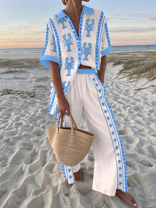 Casual Vakantie Kreeftenprint Korte Mouwen Broek Twee-delig Pak