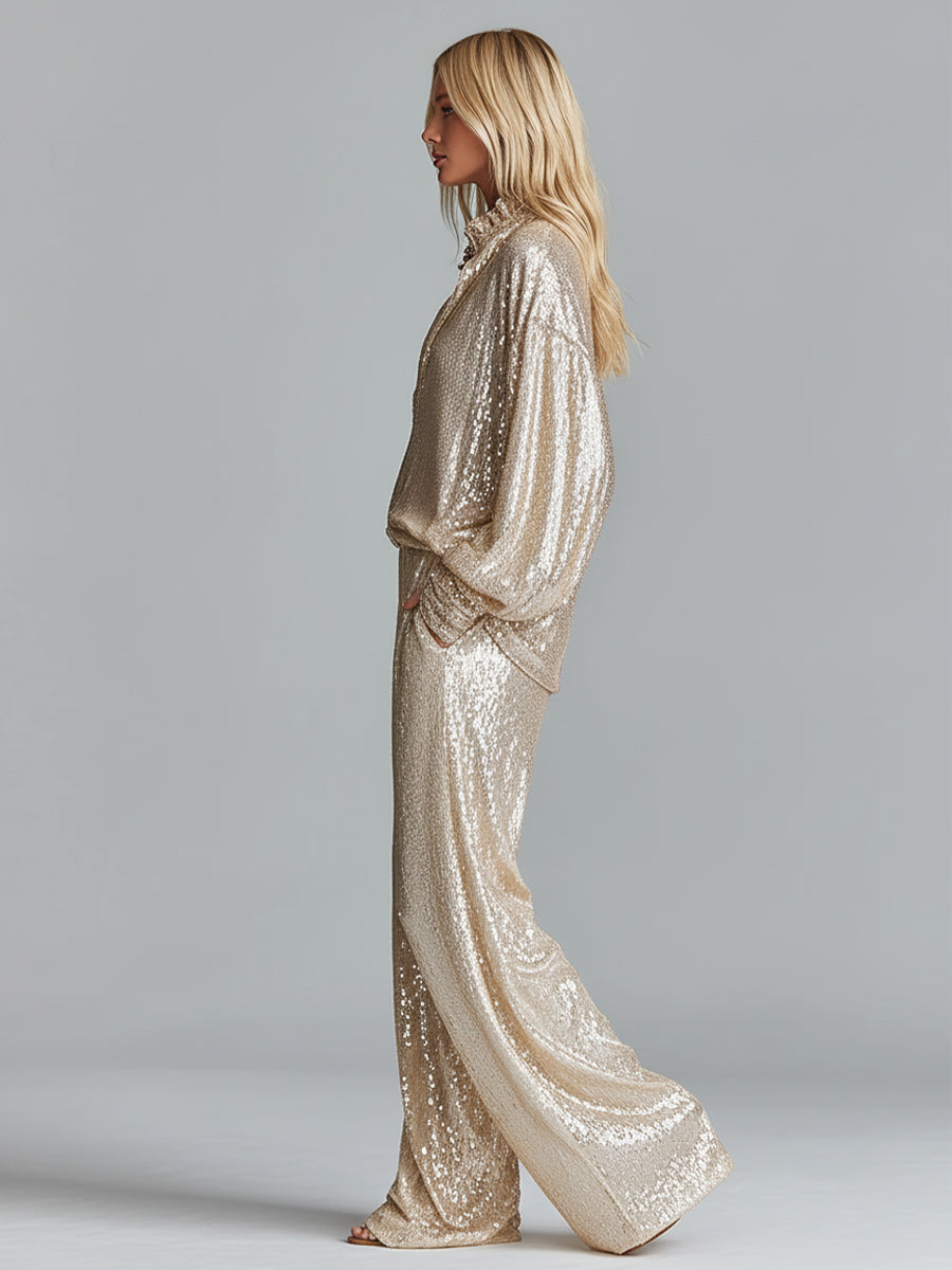 Dames Gouden Glamoureuze Pailletten Kraag Halve Rits Brede Pijp Loungewear Feestset MDA2425I0I