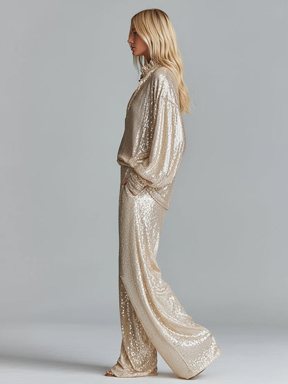 Dames Gouden Glamoureuze Pailletten Kraag Halve Rits Brede Pijp Loungewear Feestset MDA2425I0I