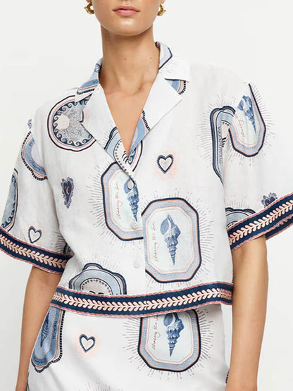 Retro Schelpprint Losse Top En A-Lijn Mini Rok Set