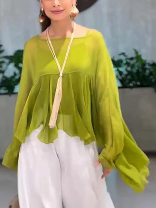 Elegante Romantische Reis Chiffon Ruffle Batwing Mouw Top