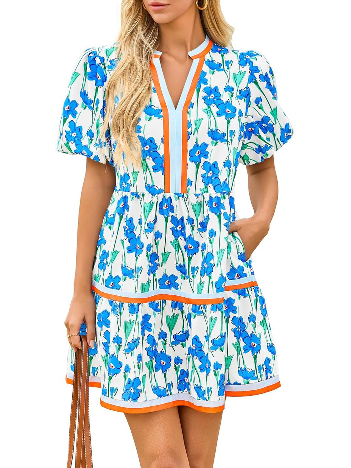 Damesjurk met V-hals en bloemenprint, korte pofmouwen, boho-stijl