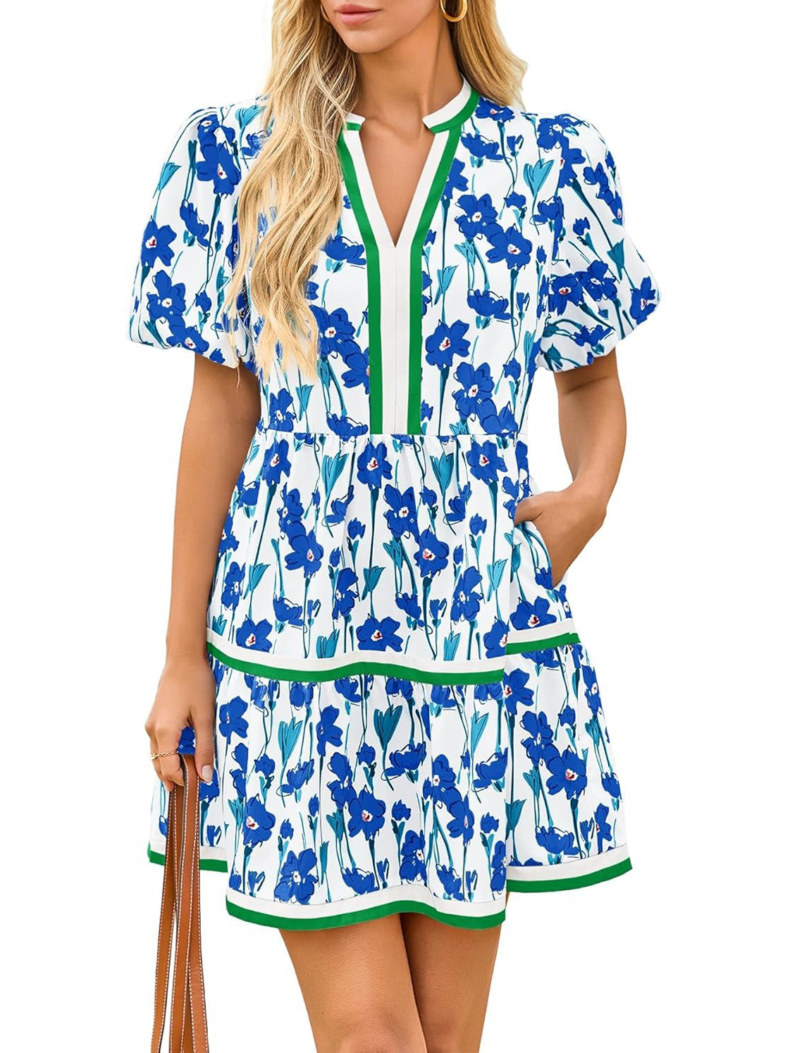 Damesjurk met V-hals en bloemenprint, korte pofmouwen, boho-stijl