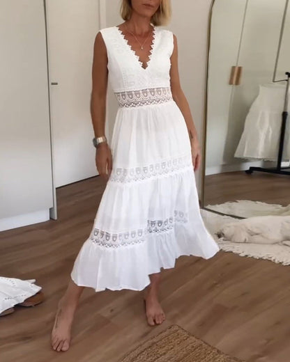 Sora™ – Mouwloze Boho-Midijurk met Kantdetails
