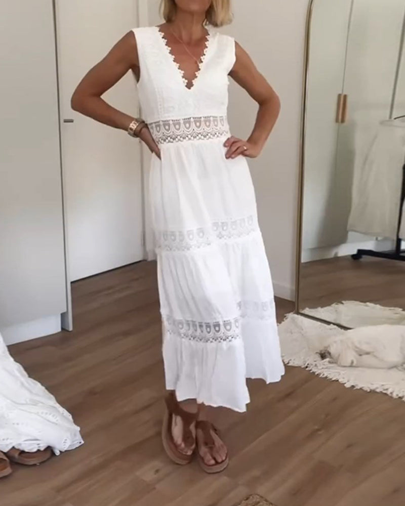 Sora™ – Mouwloze Boho-Midijurk met Kantdetails