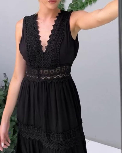 Sora™ – Mouwloze Boho-Midijurk met Kantdetails