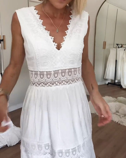 Sora™ – Mouwloze Boho-Midijurk met Kantdetails