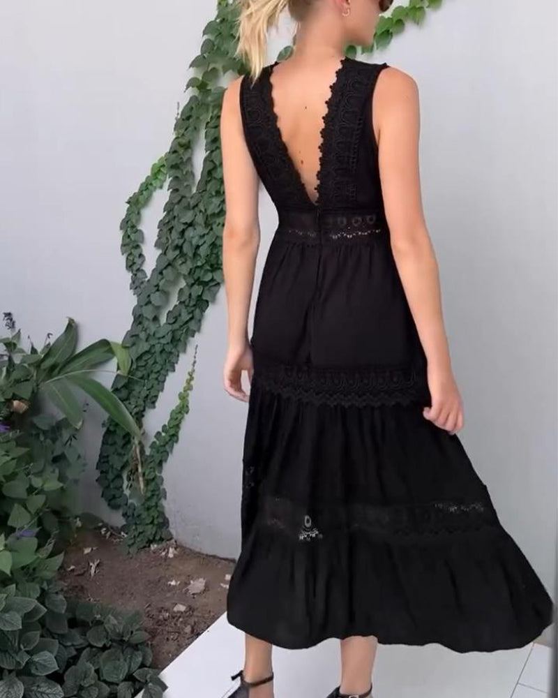 Sora™ – Mouwloze Boho-Midijurk met Kantdetails