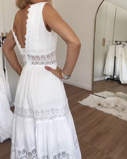 Sora™ – Mouwloze Boho-Midijurk met Kantdetails