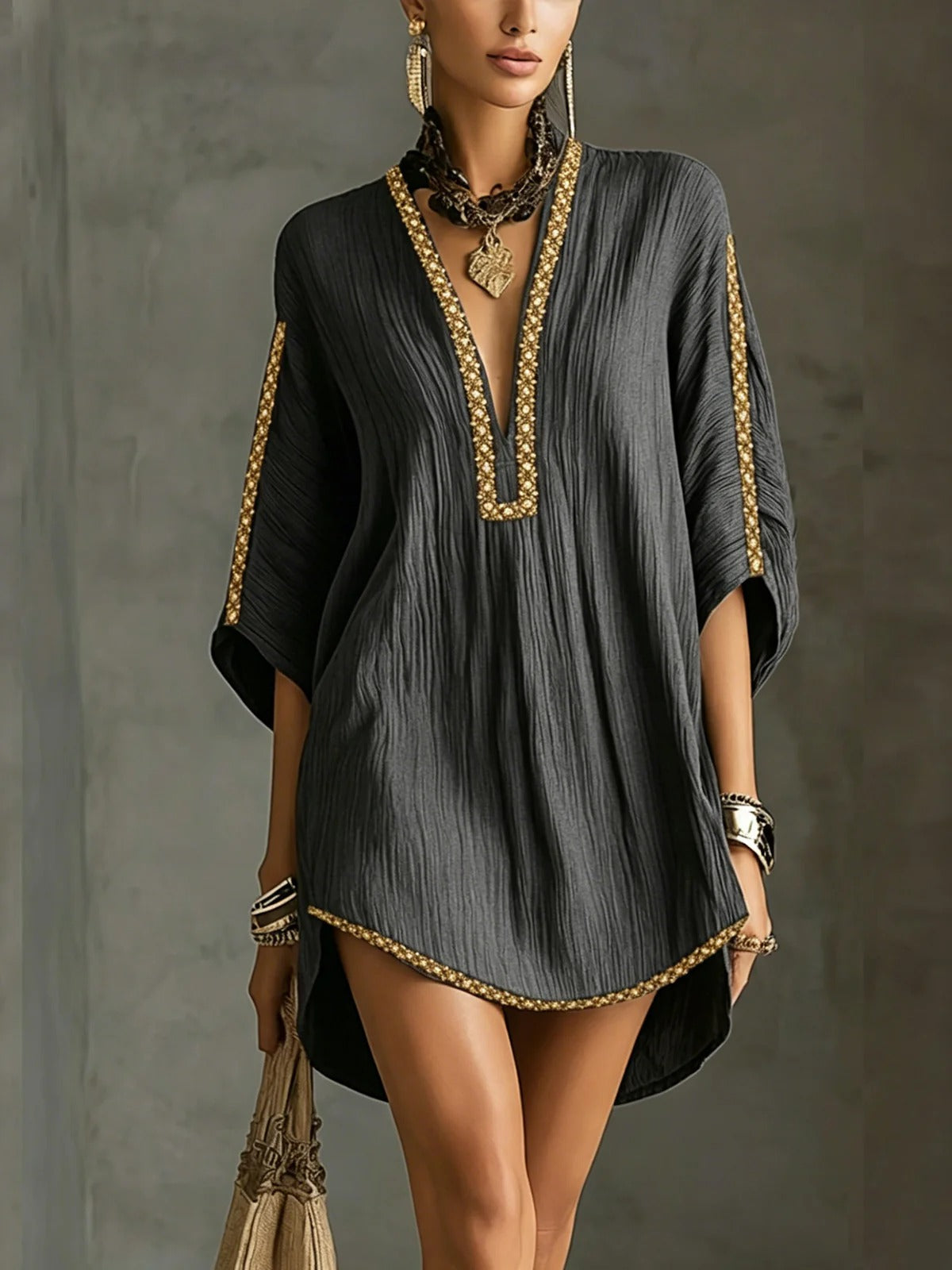 Noor | Geborduurde Kaftan Mini Jurk