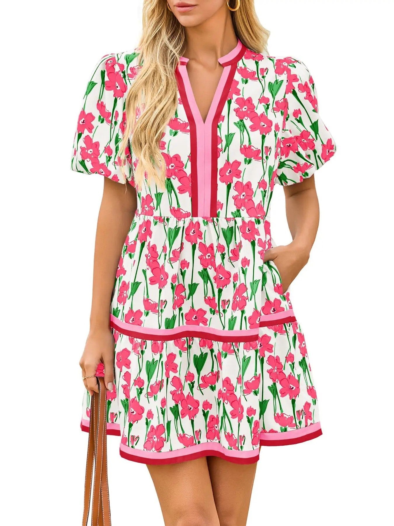 Damesjurk met V-hals en bloemenprint, korte pofmouwen, boho-stijl