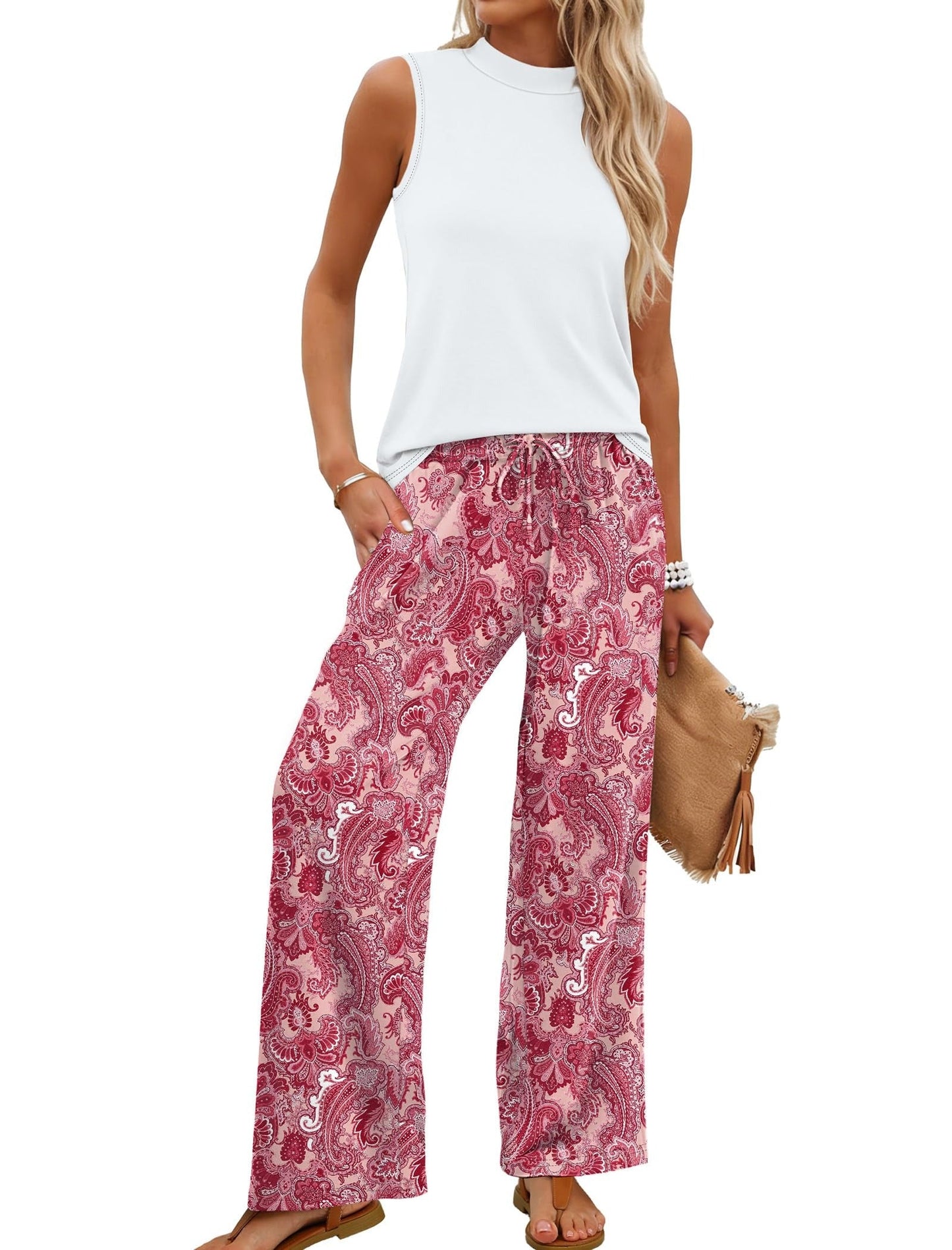 Set met een tanktop met hoge kraag en een broek met wijde pijpen en print voor dames