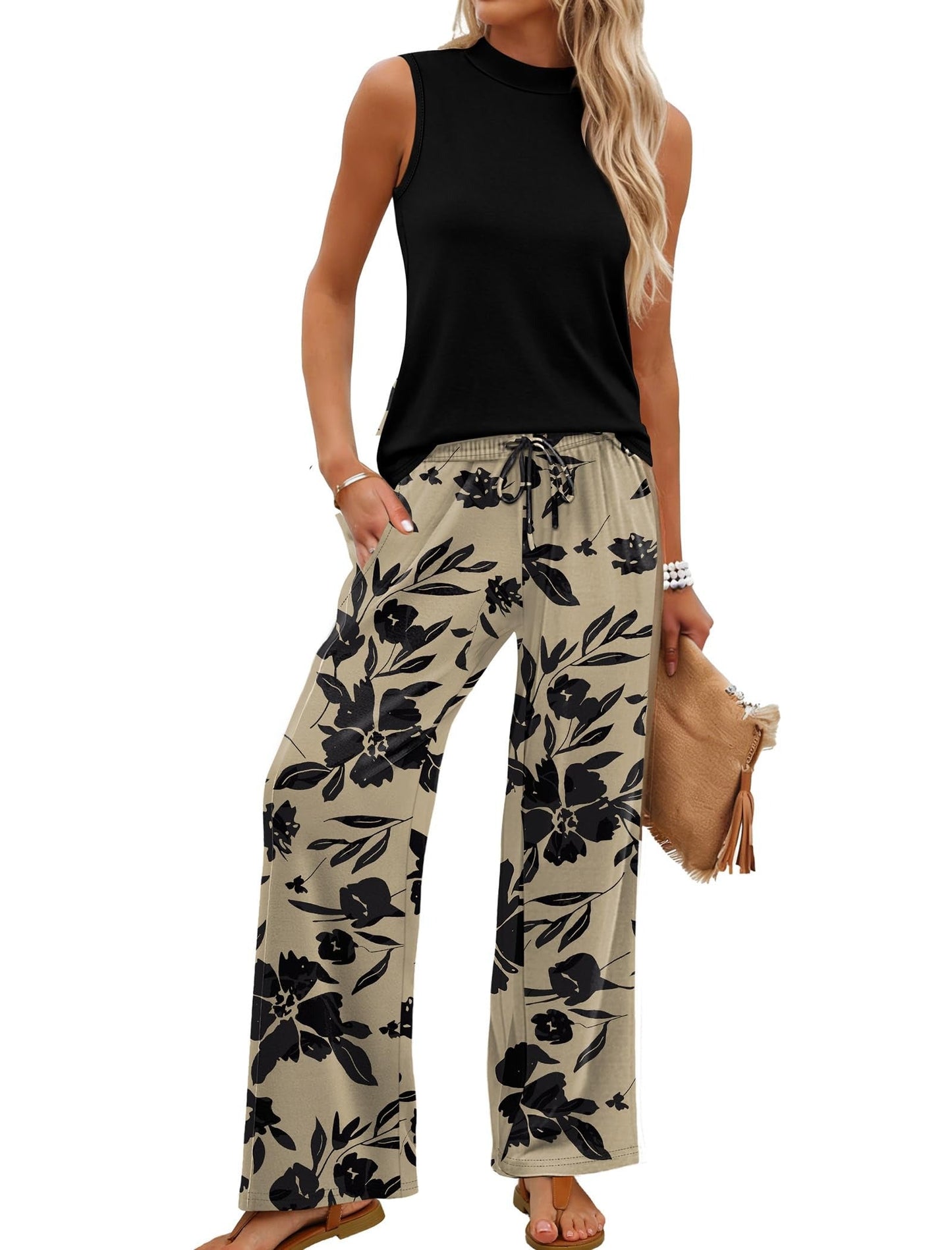 Set met een tanktop met hoge kraag en een broek met wijde pijpen en print voor dames