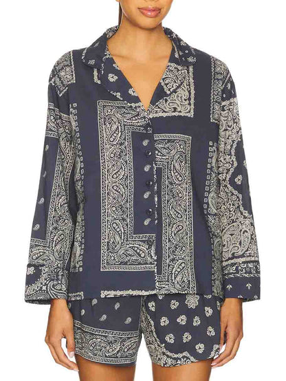 Retro Paisley Print Shorts En Langsleeve Shirt Twee-Piece Set
