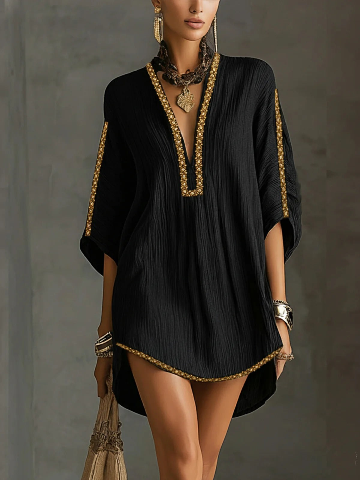Noor | Geborduurde Kaftan Mini Jurk