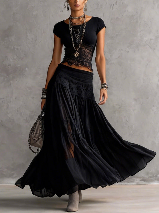 Rebecca | Compleet met Kant Top en Maxi Plissé Rok in Chiffon