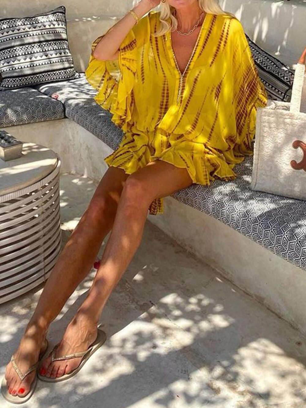 Unieke Tie Dye Ruffle Batwing Mouw Elastische Taille Kaftan Mini Jurk